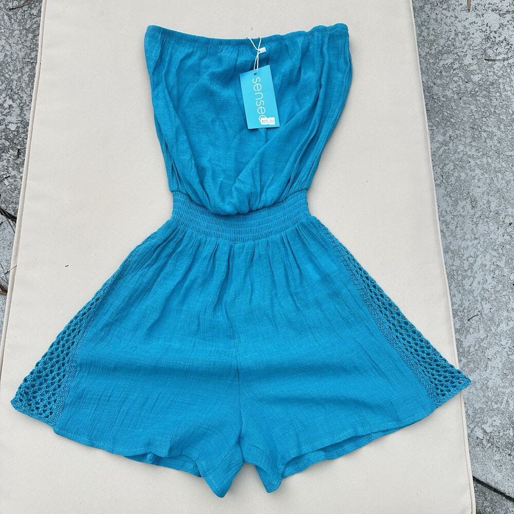 NWT SenSea Turquoise Strapless Gauze Romper Crochet Side Panel Smocked Blue S